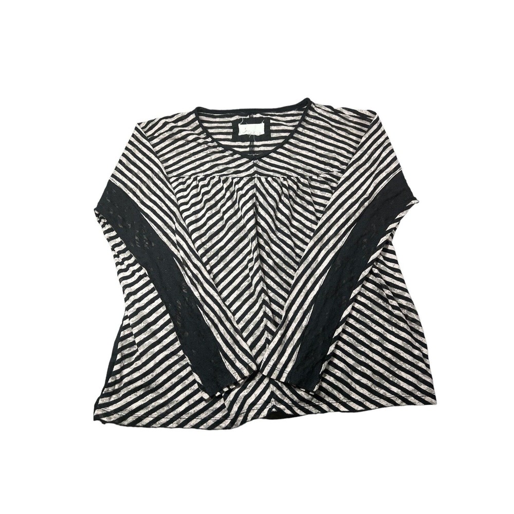 Anthropologie Top Women small Black White Striped Long‎ Sleeve Pleated Pullover